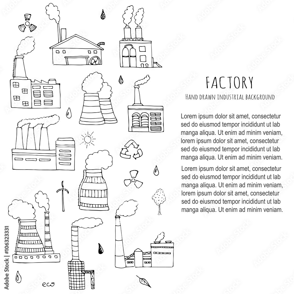 Hand drawn doodle Factory set Vector illustration Sketchy cartoon Industrial factory icons Factory building Manufacture building Eco concept Pipe with smoke Pollution Recycling Tree Plant Leaves
