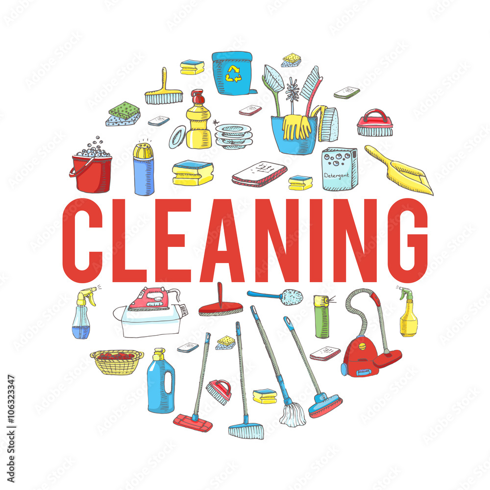 Hand drawn vector cleaning service icons set, Clean symbols, tools, Detergent, broom, sponge, mop, dust pan, brush, bleach, duster, washing liquid, vacuum cleaner, doodle icons, sketch House cleaning Hand drawn vector cleaning service icons set, Clean symbols, tools, Detergent, broom, sponge, mop, dust pan, brush, bleach, duster, washing liquid, vacuum cleaner, doodle icons, sketch House cleaning