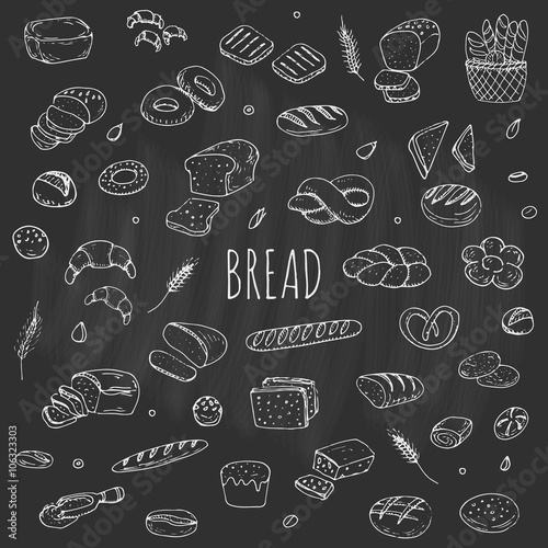 Hand drawn doodle set of cartoon food: rye bread, ciabatta, whole grain bread, bagel, sliced bread, french baguette, croissant Bread set Vector illustration Sketchy bread elements collection