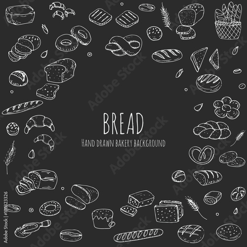 Hand drawn doodle set of cartoon food: rye bread, ciabatta, whole grain bread, bagel, sliced bread, french baguette, croissant Bread set Vector illustration Sketchy bread elements collection