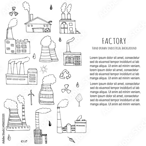 Hand drawn doodle Factory set Vector illustration Sketchy cartoon Industrial factory icons Factory building Manufacture building Eco concept Pipe with smoke Pollution Recycling Tree Plant Leaves