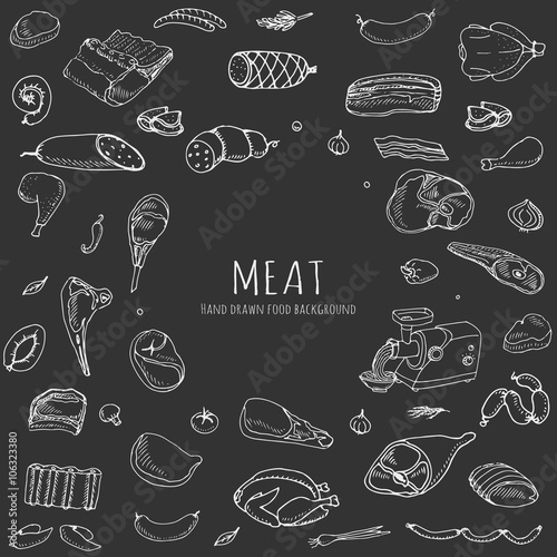 Hand drawn doodle set of cartoon different kind of meat and poultry Meat set Vector illustration Sketchy meat elements collection Lamb Pork Ham Mince Chicken Steak Bacon Sausage Salami Delicatessen