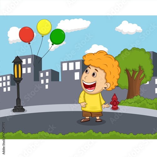 A boy see the balloons float in the air cartoon