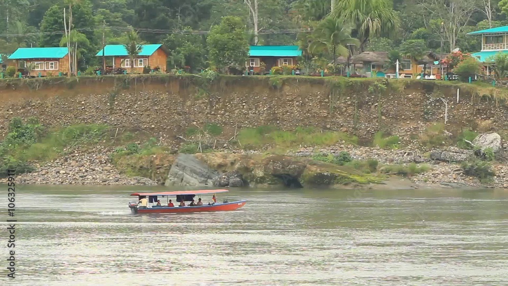 Experience the breathtaking beauty of the Ecuadorian Amazonia on a thrilling motorized canoe tour with tourists.
