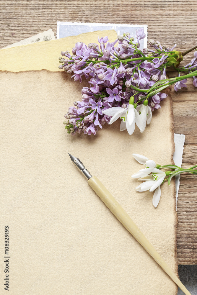 Lilacs and snowdrop anemone flowers (Anemone sylvestris) on vint