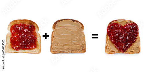 bread toast with jam and peanut butter spread. photo