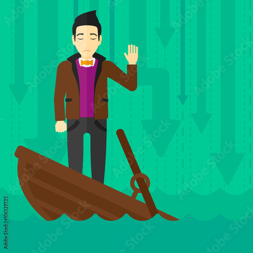 Businessman standing in sinking boat.