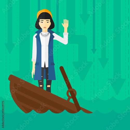 Business woman standing in sinking boat.