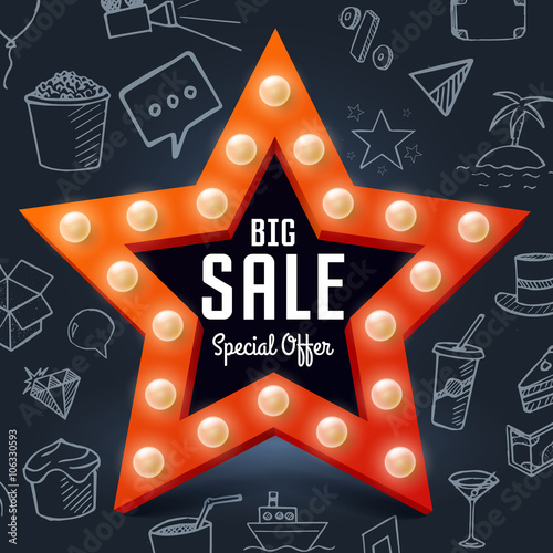 Vector Big Sale retro light banner on chalkboard with doodle objects. Star frame with bulb for shopping photo