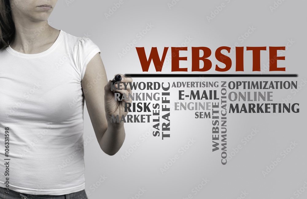 Beautiful woman writing - Website word cloud, business concept Beautiful woman writing - Website word cloud, business concept