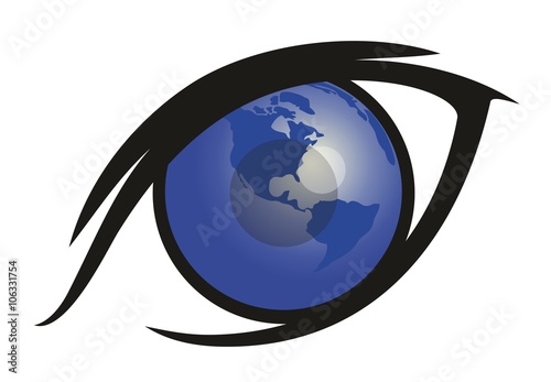 Logo with eye and globe.