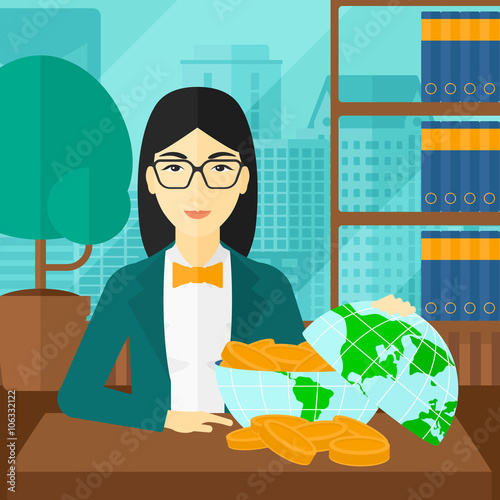 Woman with globe full of money.
