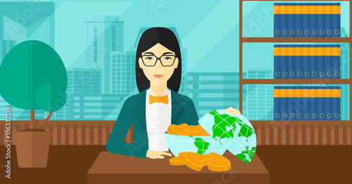 Woman with globe full of money.
