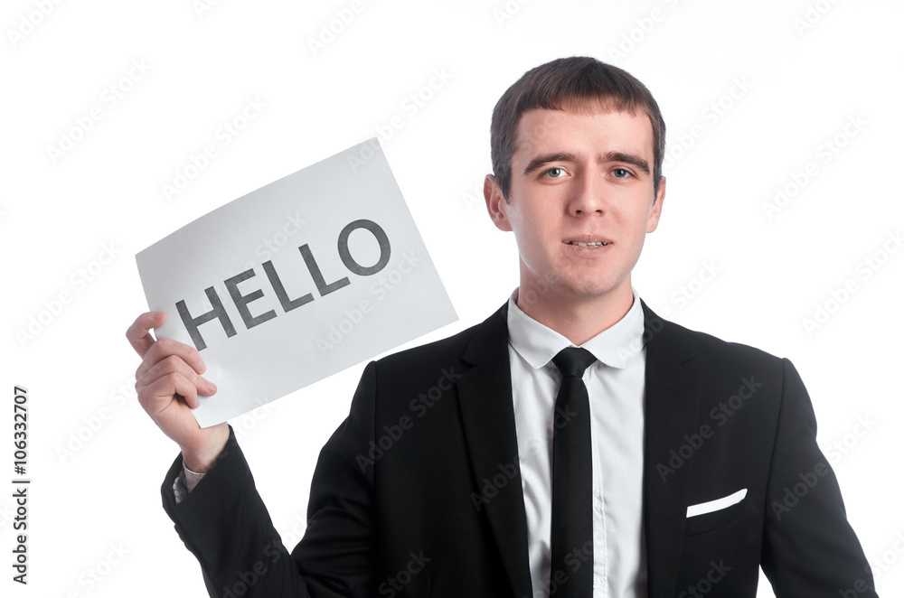 Tablet with inscription hello in man's hands