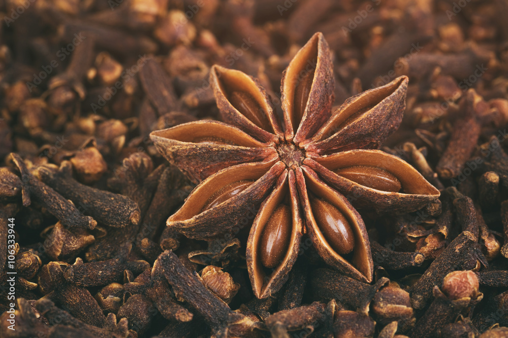 heap of dried cloves and anise star, can be used as background