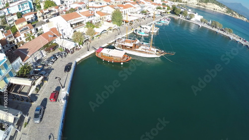 Aerial view of the traditional port of Pythagorio which is located at the greek island of Samos. 4k resolution