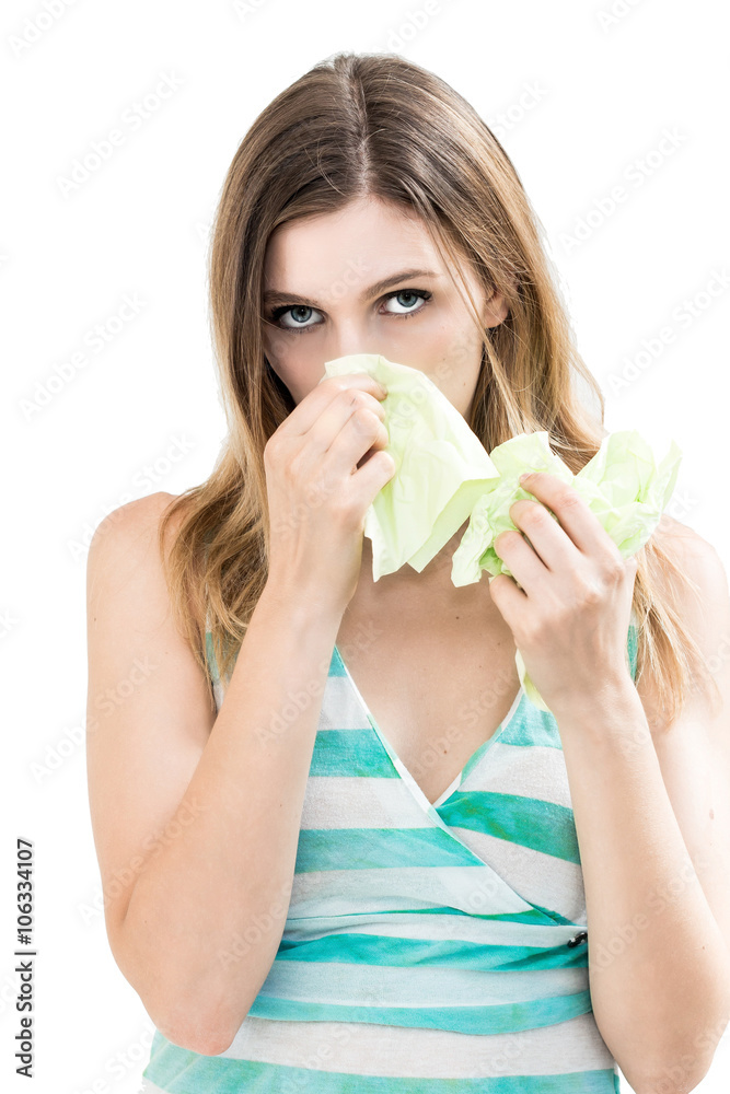 sick woman using tissue on white background sick woman using tissue on white background