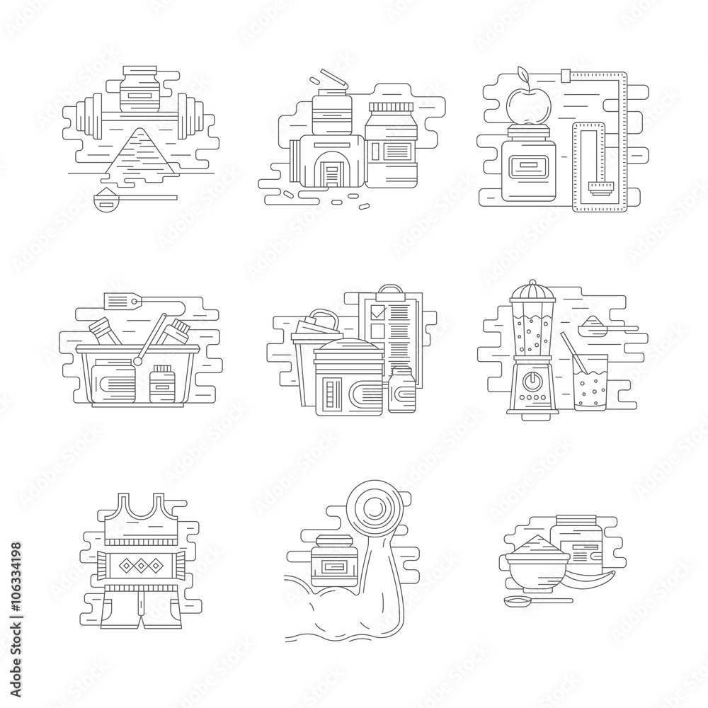Sport nutrition vector icons flat line style
