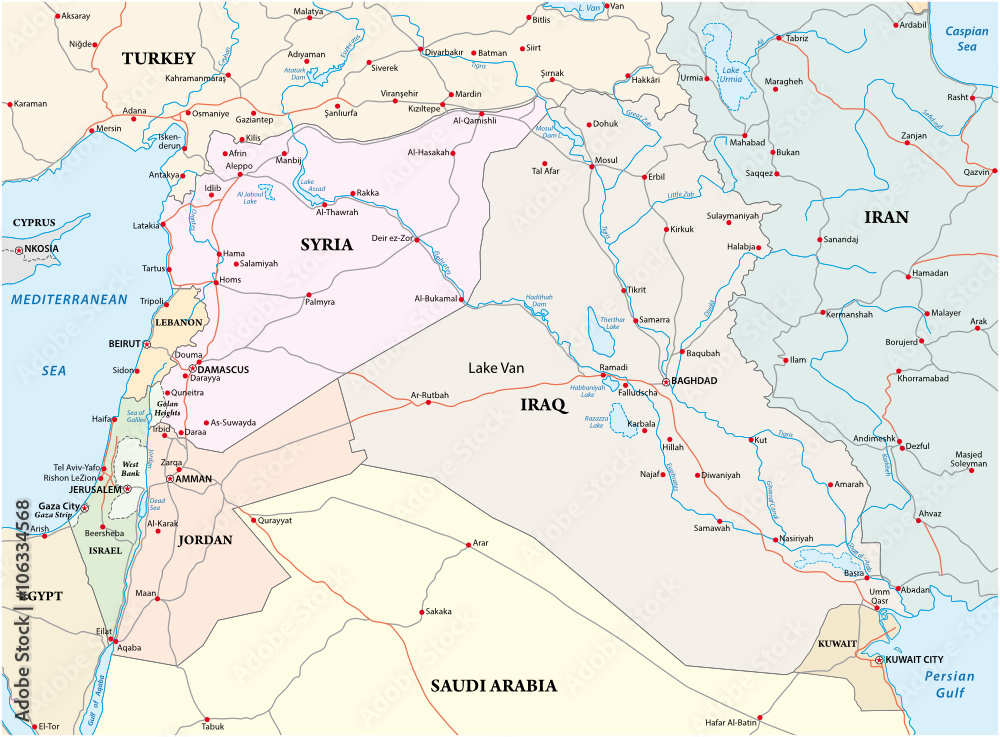 administrative, political and road map of the middle east