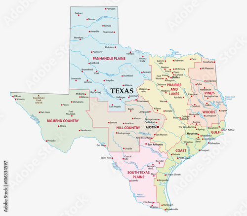 map of the seven regions in the state texas