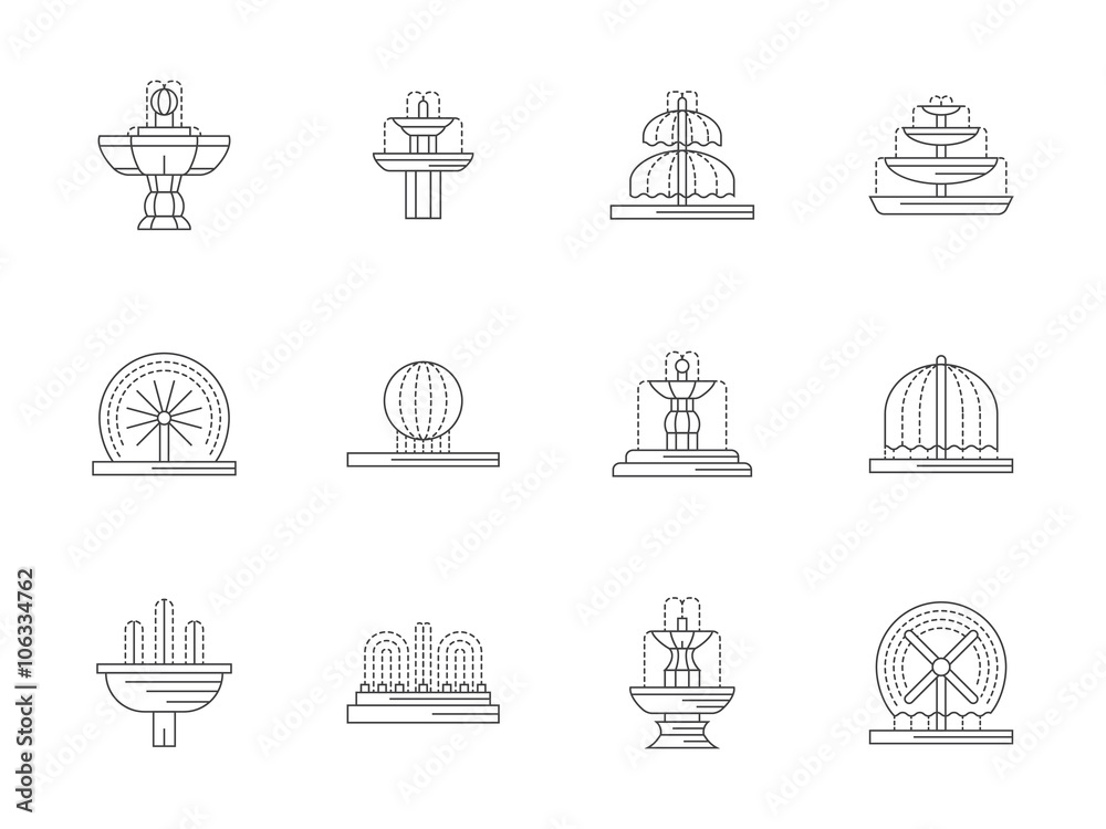 Decorative fountains flat line vector icons set Decorative fountains flat line vector icons set