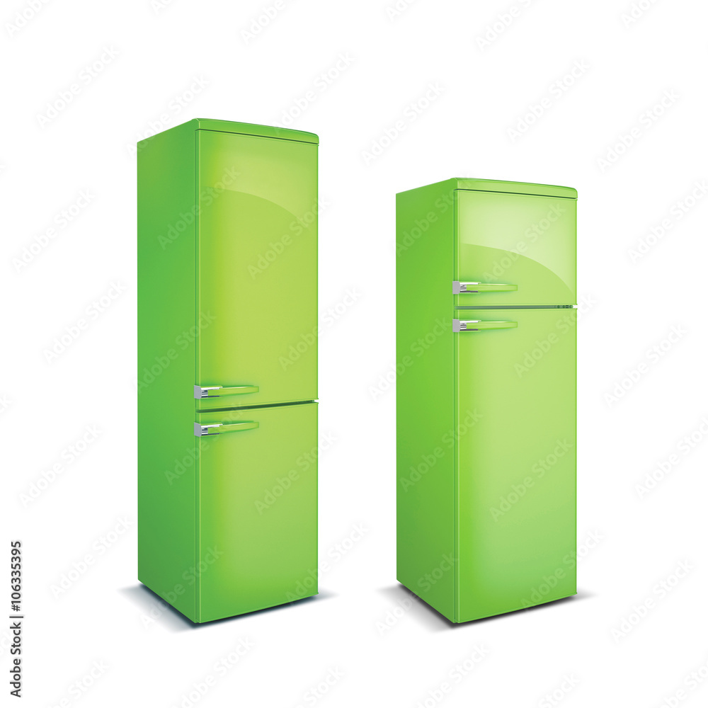 Two Retro green refrigerators, fridge freezers isolated on white Two Retro green refrigerators, fridge freezers isolated on white