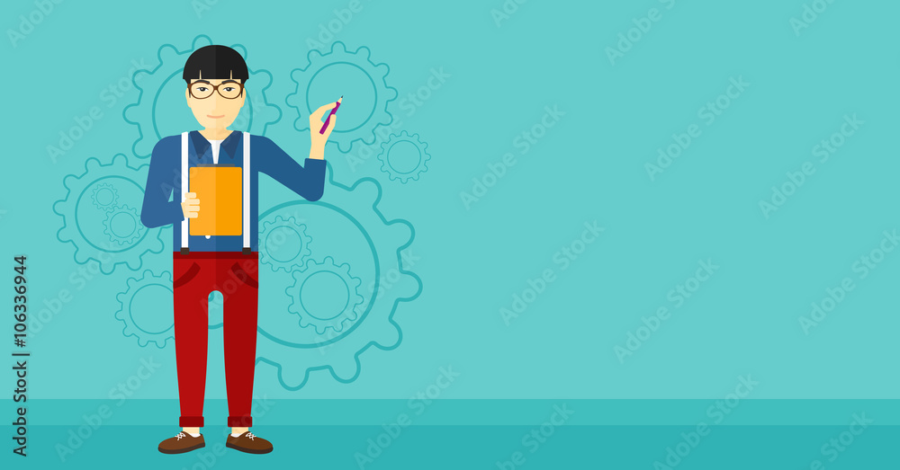 Obraz premium Man standing on gears background.