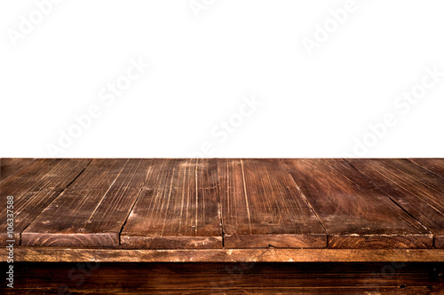 Empty vintage wood table top ready for your product display montage. with white background.