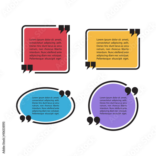 Set of color quote text bubbles. Quotation mark speech bubbles. Set of quote sign icons. Quote blank template. Quote bubble. Empty template. Quote form. Vector illustration.