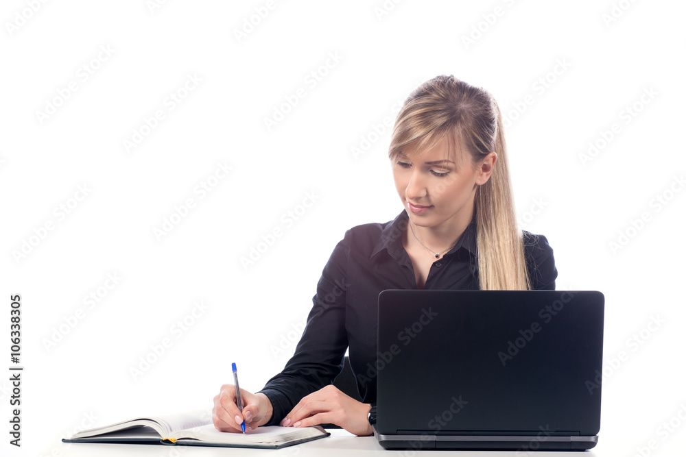 business woman working at a laptop, isolate business woman working at a laptop, isolate