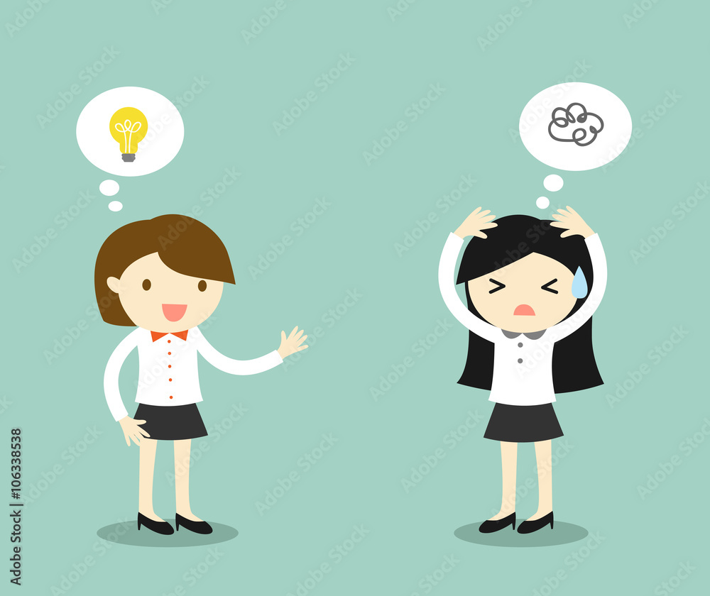 Business concept, business woman has idea but another business woman is stuck for an idea. Vector illustration. Business concept, business woman has idea but another business woman is stuck for an idea. Vector illustration.