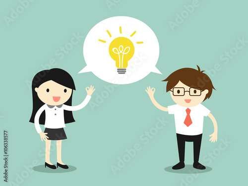 Business concept, business woman and businessman talking the same idea. Vector illustration.