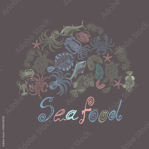 Vector background with a sketchy seafood.