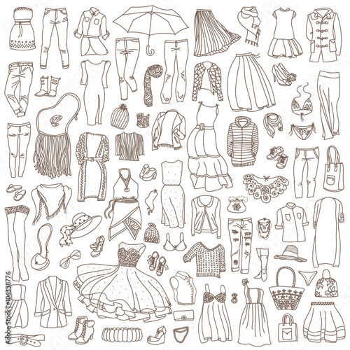 Vector seamless pattern of different women's clothes and accessories, from underwear to outerwear. Fashion doodle collection.