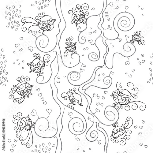 Vector seamless pattern. Many little birds on branches with hear