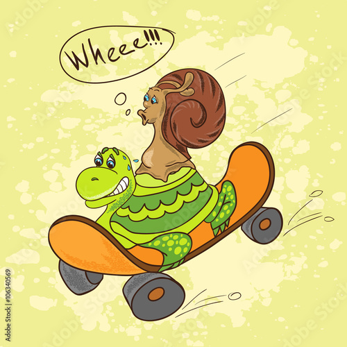 Turtle and Snail on a skateboard.