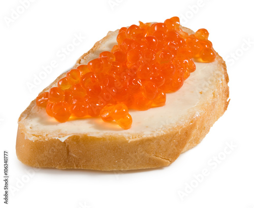 Isolated image of bread with red caviar close-up