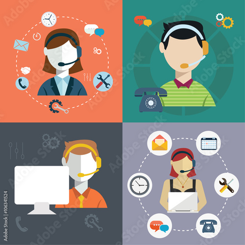 Business customer care service concept flat icons set of contact us support help desk phone call and website click for infographics design web elements vector illustration