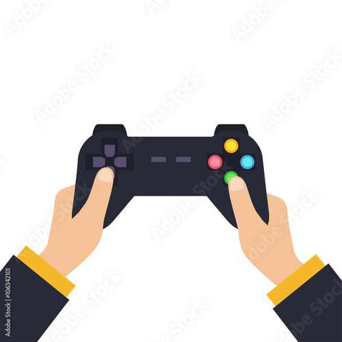 Hands holding wireless gamepad. vector illustration in flat design on blue background