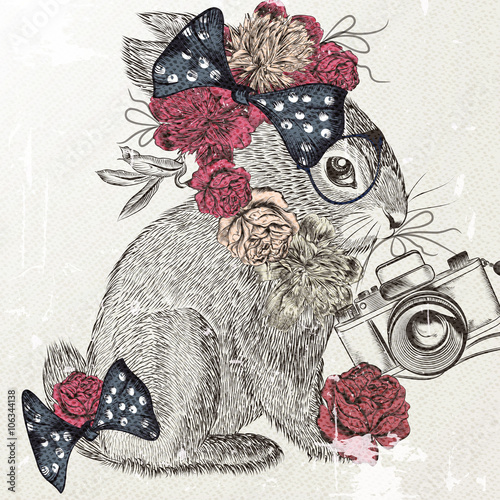 Fashion background with cute rabbit and bow trendy background