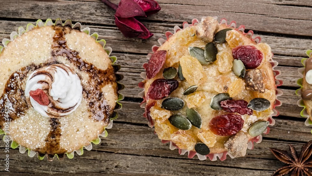 Muffins with fruits and chocolate side view Muffins with fruits and chocolate side view