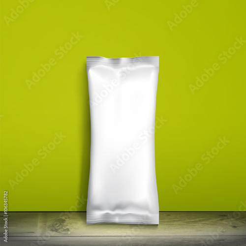 Blank white packaging. Sample package. Blank template for design. Net packaging is on shelf. Mockup Foil Food Snack pack, packaging, wrapper. Plastic Pack Template for design and branding. Green wall