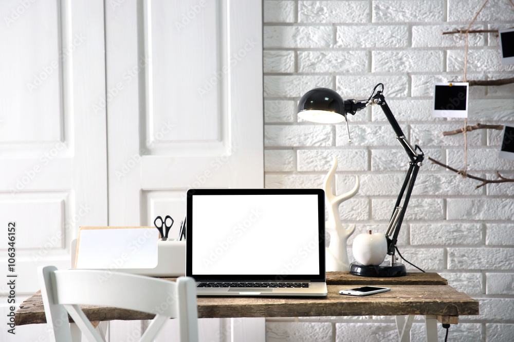 Modern monochrome workplace on light background Modern monochrome workplace on light background