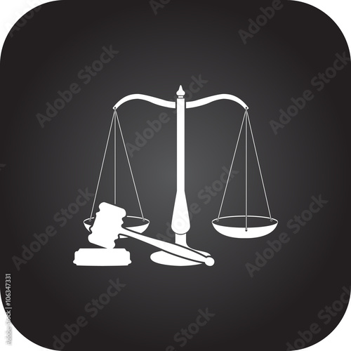 Scales of justice and judge hammer simple icon on square  background