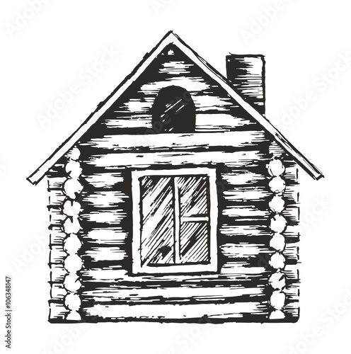Drawing of wooden house.
