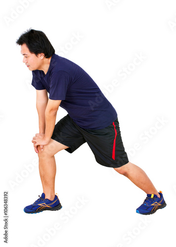 Asian Man Stretching Workout Isolated on White.