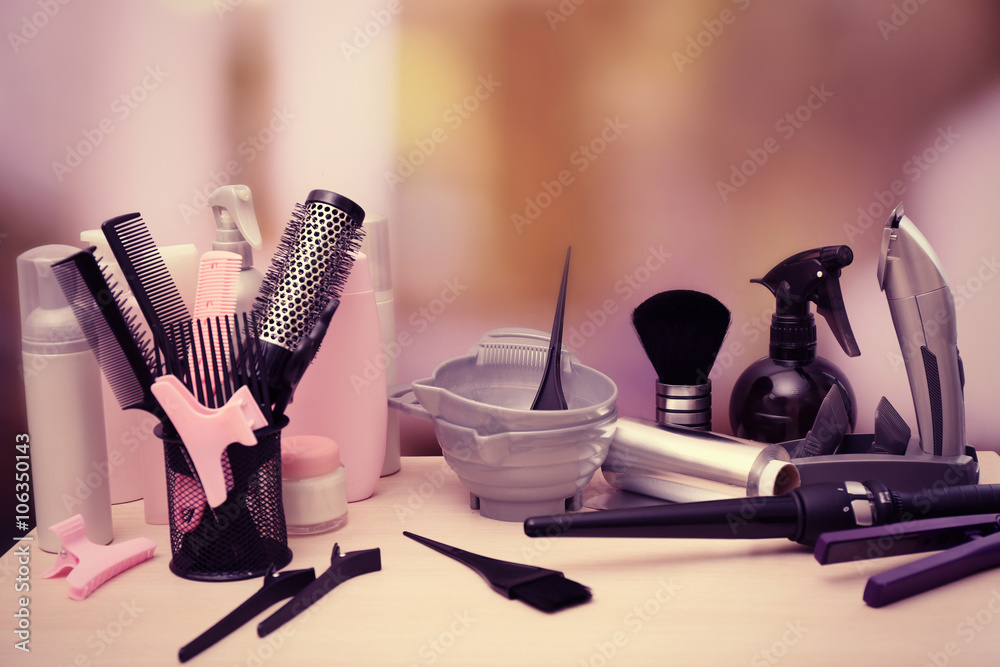 Professional hairdresser tools on table Professional hairdresser tools on table