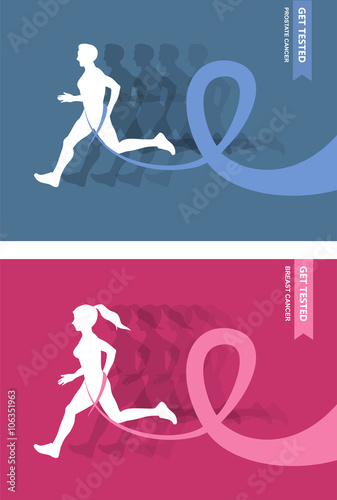 Sport Woman And Man with Running Pink and Blue Ribbons, Breast And Prostare Cancer Awareness. 