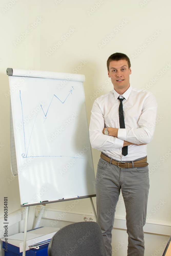 Confident man in front of a flipchart