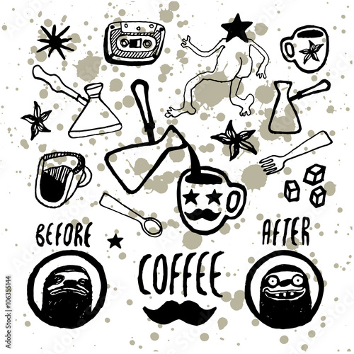 Set of hand-drawn coffee elements. Menu design for coffeehouse, cafe, restaurant. Vector illustration.
